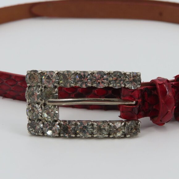 Claudio Orciani Women 80cm Red Genuine Snake Skin Rhinestone Buckle Skinny Belt - Picture 2 of 12